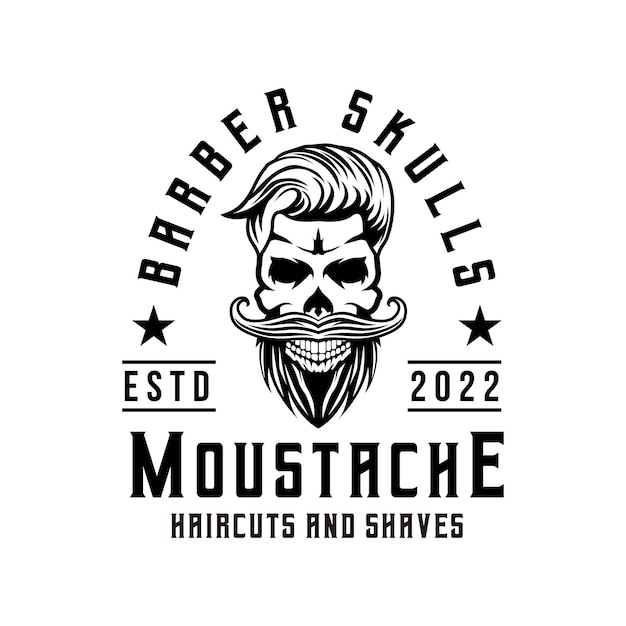 Bigote de calavera de peluquero con símbolo de icono de logotipo de estilo de pelo en blanco y negro