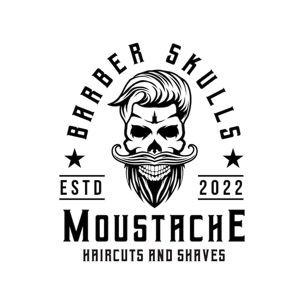 Vector bigote de calavera de peluquero con símbolo de icono de logotipo de estilo de pelo en blanco y negro