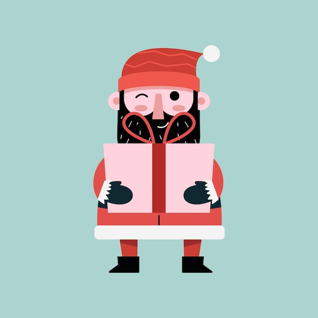 Bigote Men Santa personaje sosteniendo un gran regalo. Feliz navidad y próspero año nuevo compras