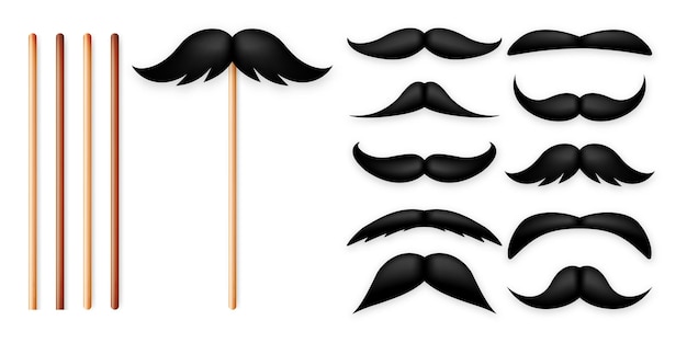 Bigote negro realista en un palo de madera bigote de papel falso aislado en un fondo blanco