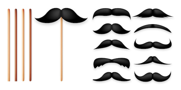 Bigote negro realista en un palo de madera bigote de papel falso aislado en un fondo blanco