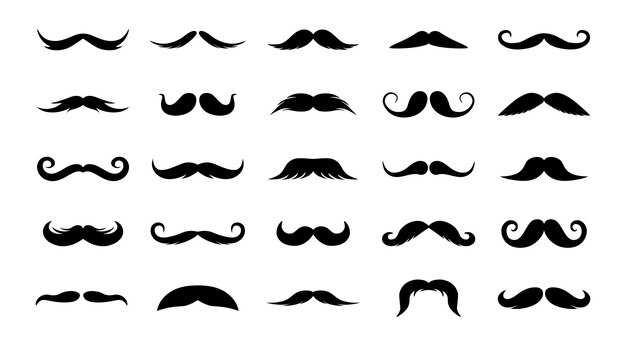 Bigotes aislados silueta negra de dibujos animados de hombre adulto boca vello facial estilo barbería bigote afeitado plantillas vector divertido conjunto