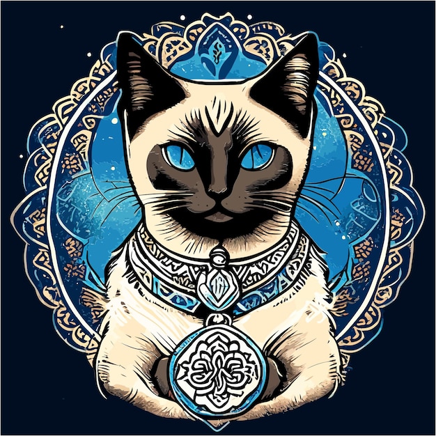 Bigotes místicos intrincados patrones de mandala en camiseta de gato siamés terroso