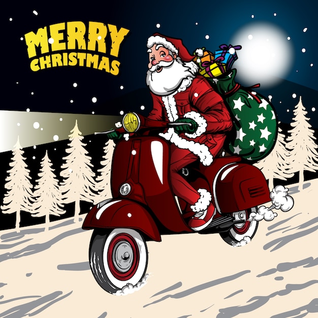 Biker Santa montando un scooter vintage