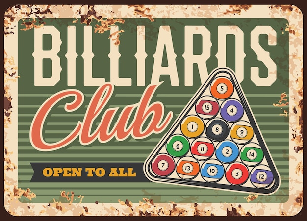 Billar pool snooker club placa de metal oxidado o cartel retro