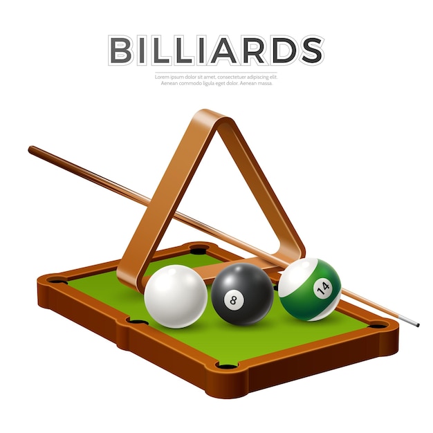 Billar realista billar o pancarta de billar con bolas taco y triángulo en la mesa de billar