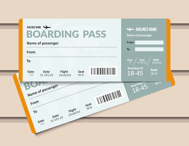 Billete de avión. plantilla de tarjeta de embarque de línea aérea. documento de pase de aeropuerto y avión.