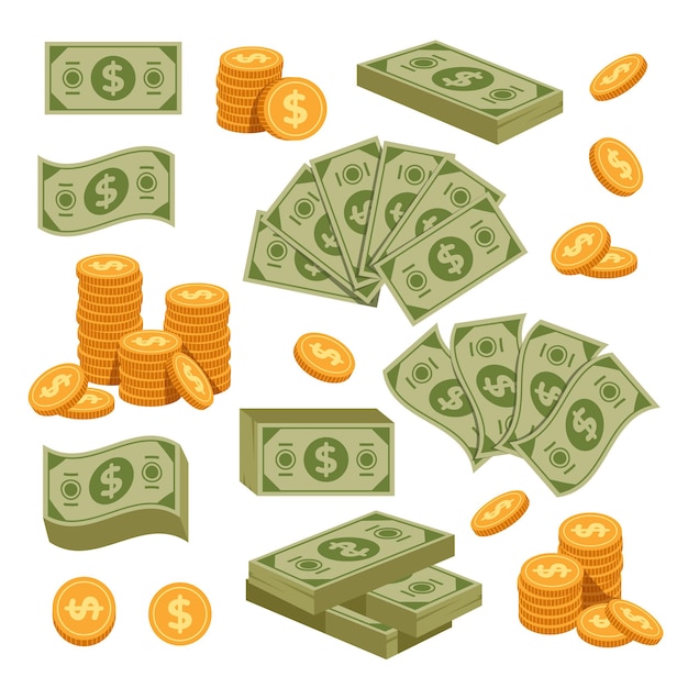 Vector billete de dinero de dólar verde de papel y monedas de oro conjunto plano de elemento de diseño aislado