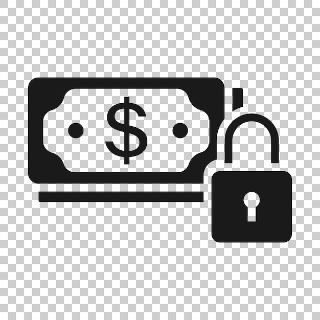 Billete de dólar con icono de candado en estilo plano Ilustración de vector seguro de efectivo de dólar sobre fondo blanco aislado concepto de negocio de seguridad de billete de banco