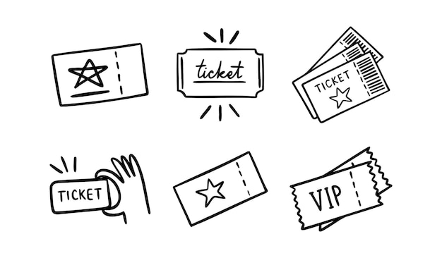 billete con estrella y VIP billete doodle icono dibujado a mano conjunto de billete de dibujo de esquema con estrella y vip billete de línea colección de símbolos clipart