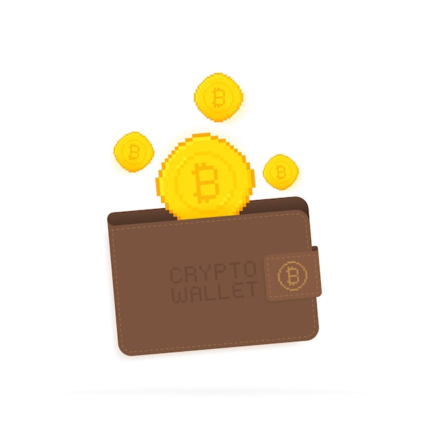 Billetera de criptomonedas Pixel art monedas criptográficas que caen en la billetera Concepto de transacciones monetarias