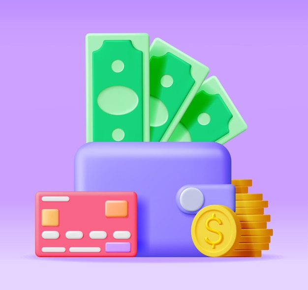 Billetera de cuero y dinero 3d