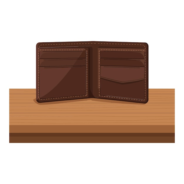 Billetera de cuero marrón abierta en una mesa de madera en arte vectorial plano