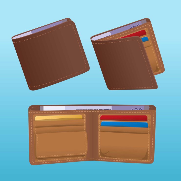 Billetera de cuero marrón con dinero en efectivo y tarjetas bancarias abierta y cerrada Ilustración de diseño