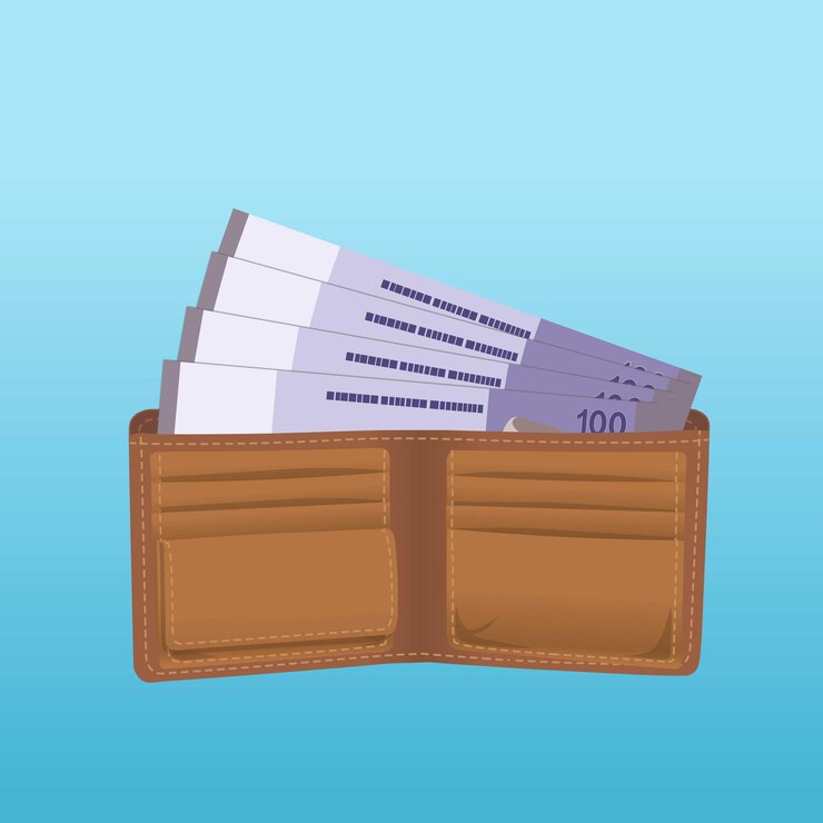 Billetera de cuero marrón con dinero de papel llena de dinero en efectivo Ilustración de diseño vectorial