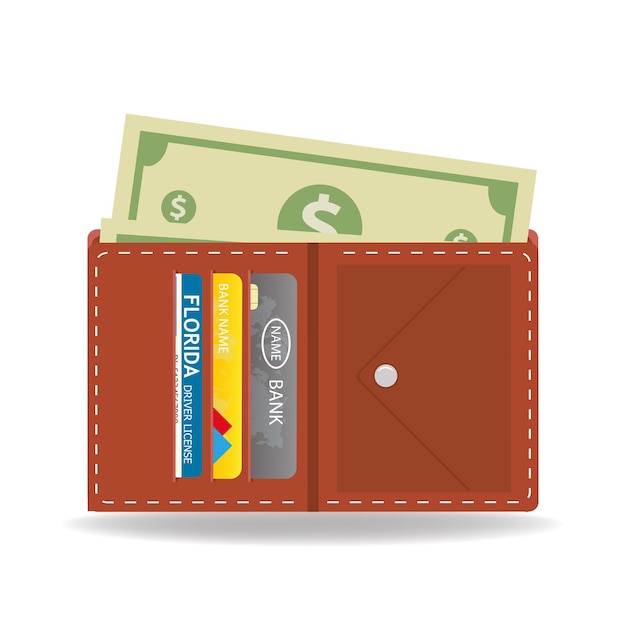 Vector billetera con dinero tarjetas de crédito y licencia de conducir aislada en ilustración vectorial de fondo blanco