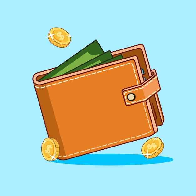 Billetera con dólares en efectivo y monedas Ilustración vectorial Diseño de dibujos animados