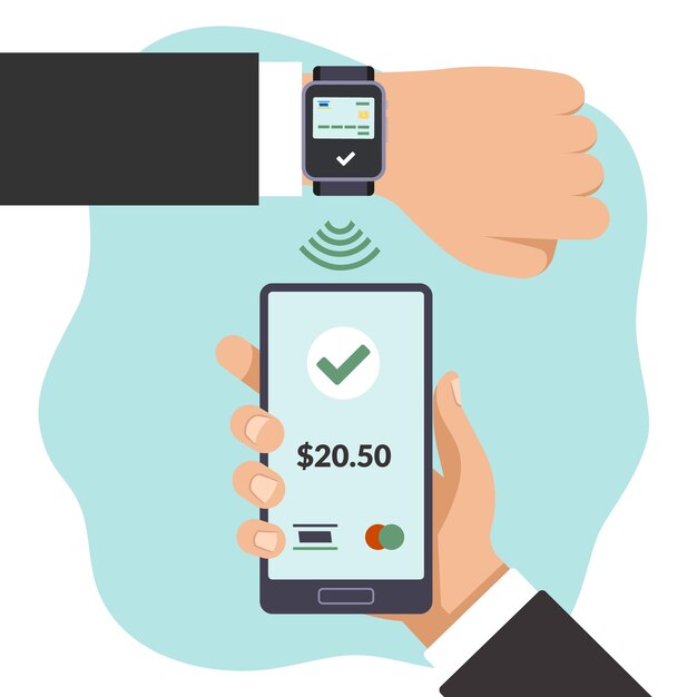 Billetera inteligente de pago en horas a través de terminal de teléfono inteligente El hombre paga la factura con el teléfono o el reloj Transacción financiera Dispositivos modernos Aplicación bancaria para transferencia de dinero sin efectivo Concepto vectorial