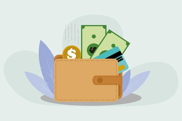 Billetera llena de dinero tarjeta de crédito y moneda de dólar finanzas y concepto de pago Vector plano