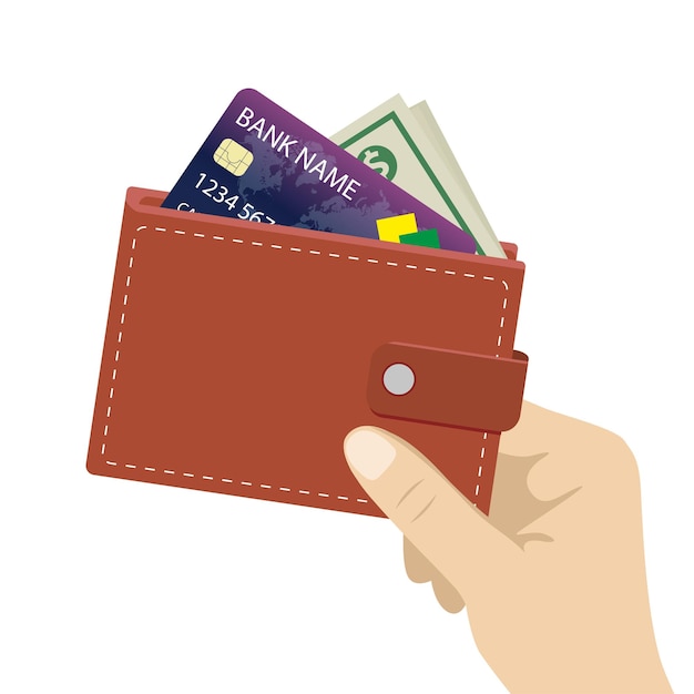 Billetera de mano con tarjeta de crédito e ilustración vectorial de dinero