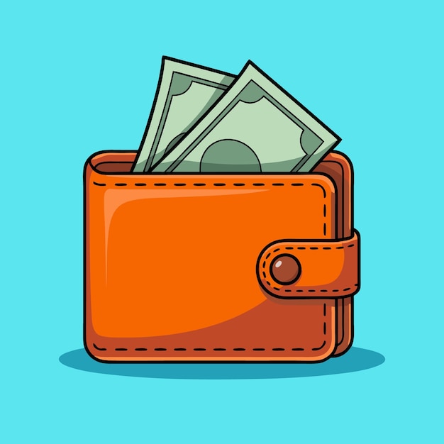 Billetera naranja con dos billetes de un dólar