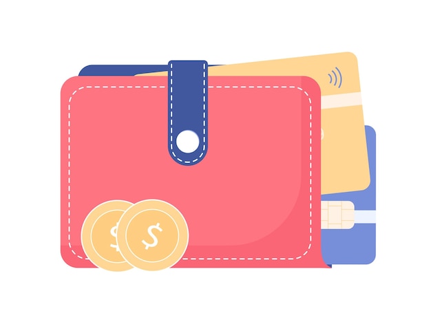 Billetera roja con dinero y tarjetas bancarias Elementos de diseño Vector