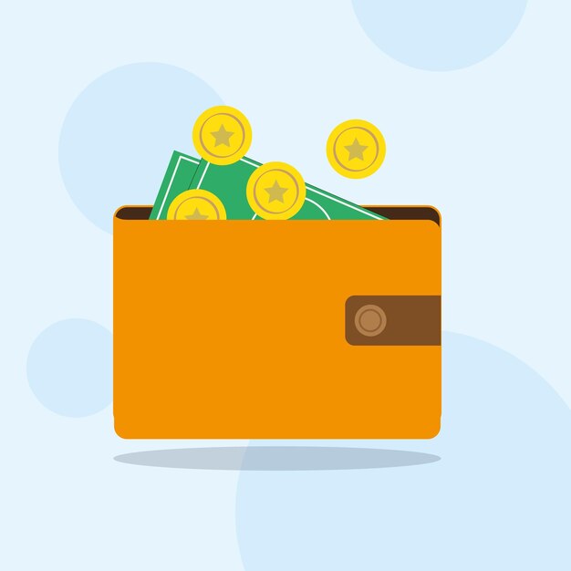 Billetera de vector libre con billetes y monedas en diseño plano