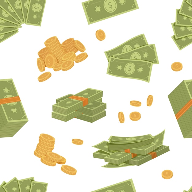 Billetes de dibujos animados con estampado verde de dólares, cartones planos, minimalismo bancario, dinero en efectivo y financiero