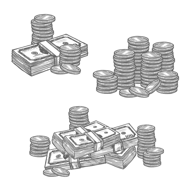 Billetes de dólar o monedas de centavo iconos de dibujo vectorial