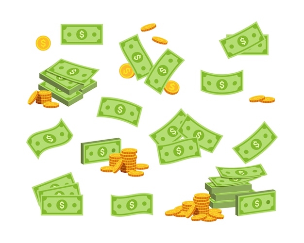 Billetes y monedas de dibujos animados Billetes de dólar verdes paquetes paquetes pilas y pilas