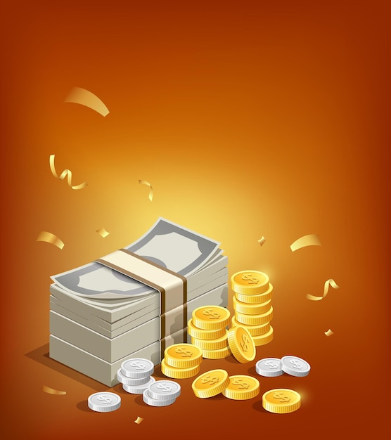 Billetes y monedas de oro con monedas de plata