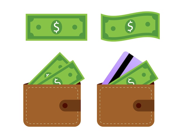 Billetes verdes y una billetera marrón Dinero billetes de dólar billetera diseño plano icono aislado vector