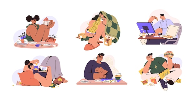 Binge eating concepto de comedor excesivo Personas que consumen comida chatarra rápida no saludable pizza patatas fritas postres dulces glotones y problemas de dieta de nutrición Ilustraciones vectoriales planas aisladas en fondo blanco