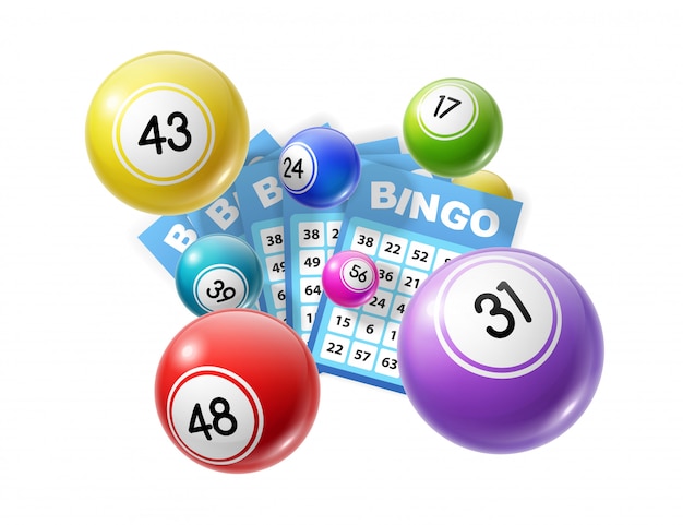 Vector bingo bolas de lotería y tarjetas de lotería números de la suerte