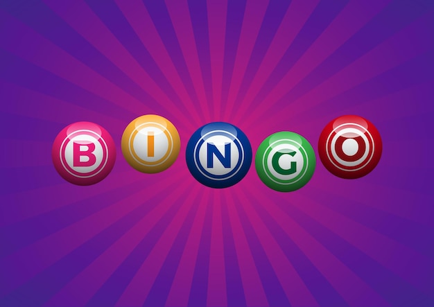 Bingo lotería bolas de la suerte de la lotería en fondo púrpura Ilustración vectorial con texto