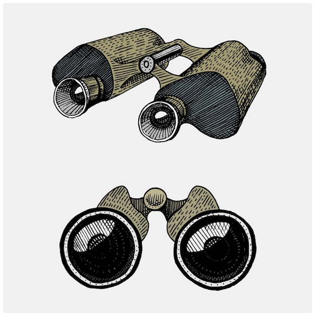 Vector binocular monocular vintage grabado dibujado a mano en boceto o estilo de corte de madera antiguo instrumento científico retro para explorar y descubrir