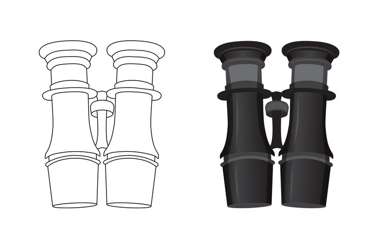 Vector binoculares de dispositivos ópticos para ver objetos distantes camping marino militar página para colorear