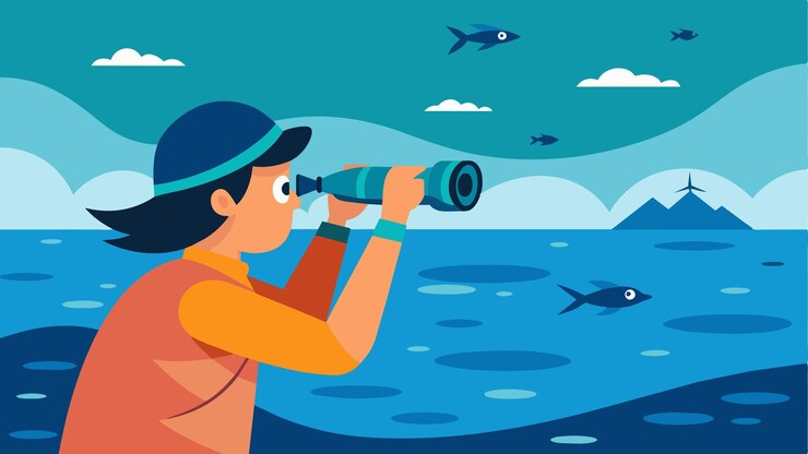 Vector con binoculares en la mano, el freelance explora la vasta extensión del océano en busca de la