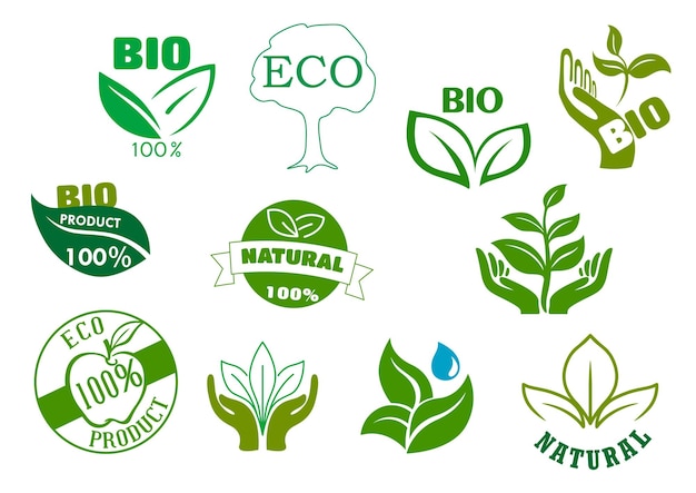 Bio eco y productos naturales símbolos verdes.
