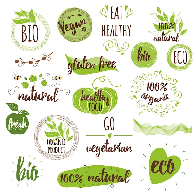 Vector bio ecología logotipos orgánicos iconos etiquetas etiquetas conjunto dibujado a mano con insignias naturales veganas