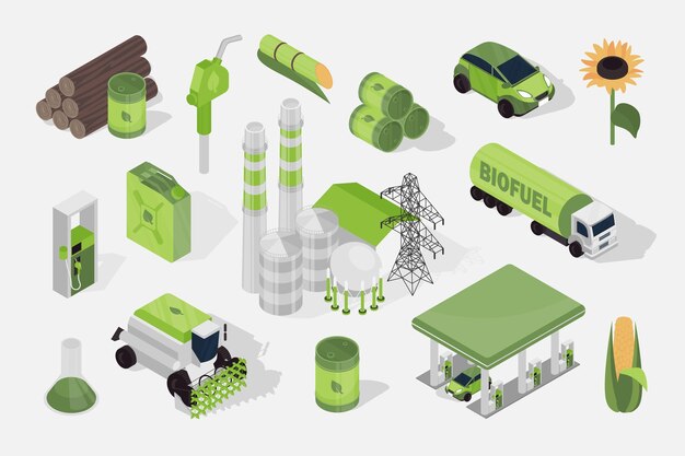 Biocombustible 3d mega conjunto isométrico en diseño plano Colección de elementos isométricos de bioenergía renovable girasol fábrica de maíz estación de automóviles barriles de biodiésel otros ilustraciones vectoriales