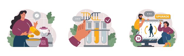Biohacking establece ingeniería de salud y mejora con sistemas de monitoreo modernos que complementan cambios en la dieta y el estilo de vida Bienestar biológico humano y mantenimiento de la juventud ilustración vectorial plana
