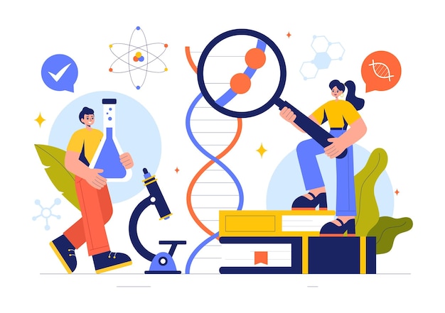 Biología Ilustración vectorial con ADN Gen Molécula Virus Genética Biotecnología Química Genoma y Ciencia en un fondo de estilo plano