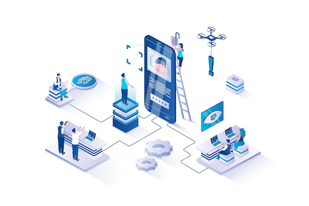 Biometric access control 3d isometric concept with isometry people design for web Users using fingerprint scanner password and face id to identification and log into account Vector illustration
