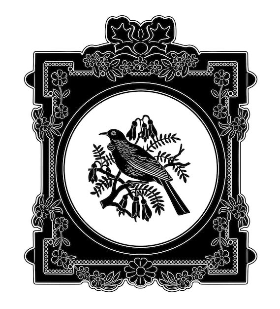 Bird love línea de arte negro con marco antiguo 3 silueta hecha a mano