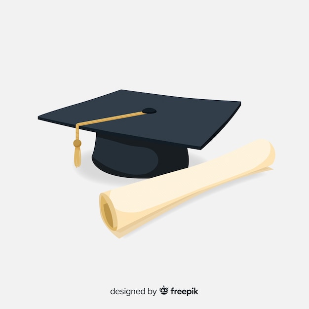 Birrete de graduación y diploma con diseño plano