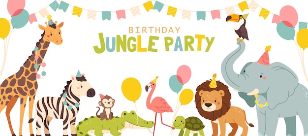 birthday party jungle animal kids happy birthday banner children holiday background for celebration childish zebra giraffe lion flamingo monkey vector invitation