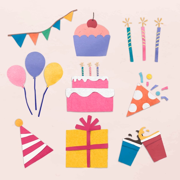 Birthday party sticker set paper craft design vector