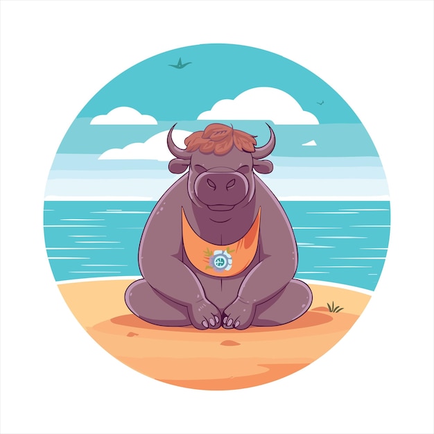 Bisonte Lindo Divertido Dibujos Animados Kawaii Acuarela Yoga Playa Verano Animal Mascota Etiqueta Ilustración