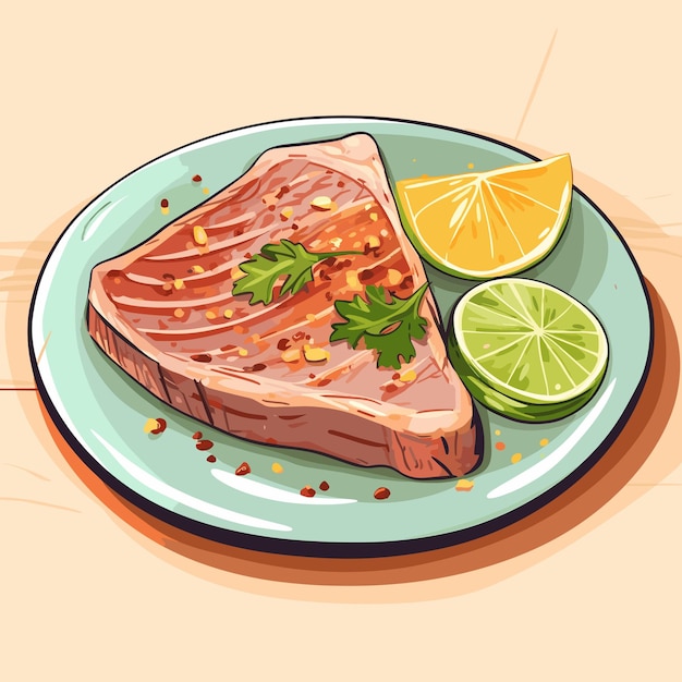 Vector bistec de atún a la parrilla en el plato filete de salmón cocido pescado con verduras ilustración de mariscos vectorial